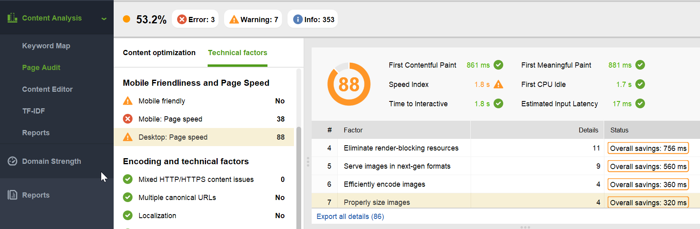 Page speed audit in Website Auditor