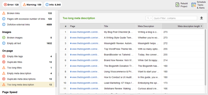 Check too long and empty meta descriptions in the On-Page section of the Site Audit 