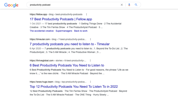 productivity podcasts SERP