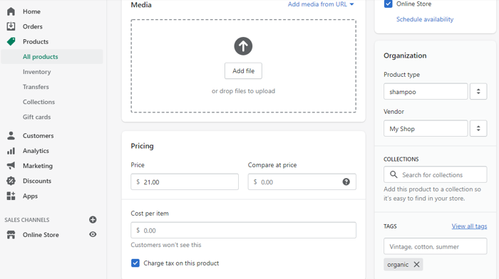 shopify product settings