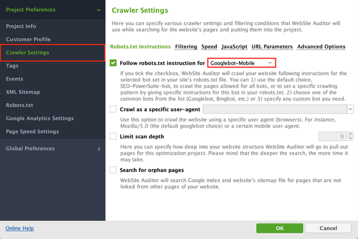 How to select indexing crawler in WebSite Auditor